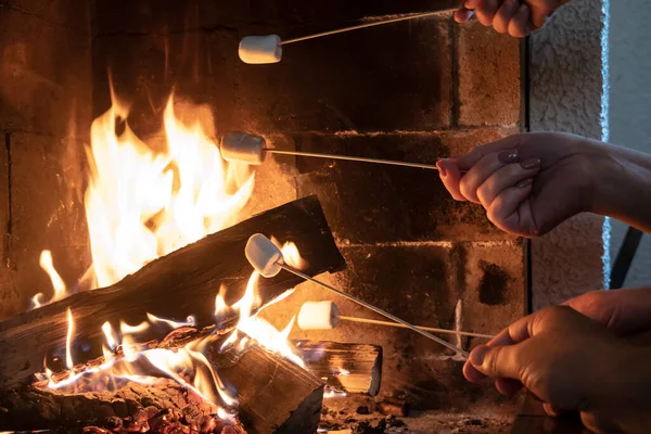 在寒冷的冬日里 一群朋友在篝火边的一个开放的壁炉边煎着一个美味的甜棉花糖 — 图库照片