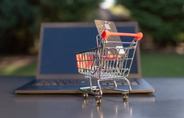 Online bakkal alışveriş kavramı. Minyatür bir alışveriş sepeti wi