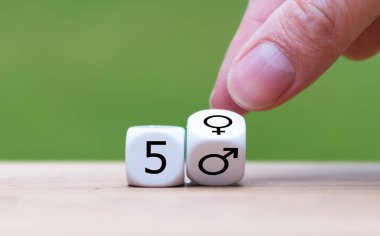 Cinsiyet eşitliğinin sembolü. Zar, 50 / 50 beyaz ifadesini oluşturur