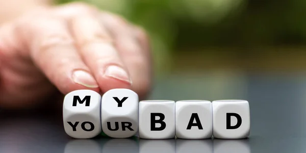 Hand Turns Dice Changes Expression Your Bad Bad — Stock Photo, Image