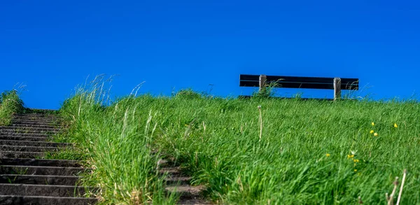 Empty bench on top of a green dike at the coastline of Germany near Hamburg.
