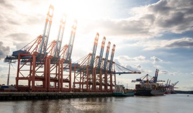 Hamburg, Almanya 'nın limanındaki vinçlerden güneş ışınları yayılıyor.