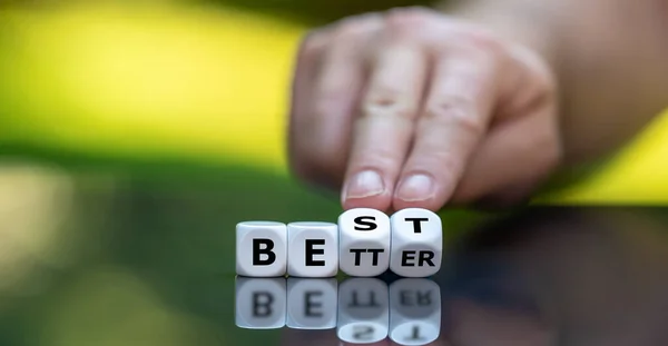 Hand Turns Dice Changes Word Better Best — Stock Photo, Image