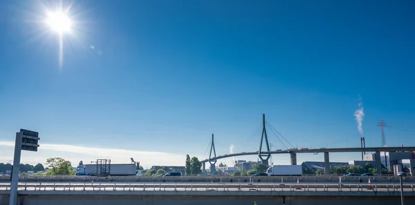 Traffic Jam German Freeway Front Koehlbrand Bridge Hamburg Harbor Germany Royalty Free Stock Images