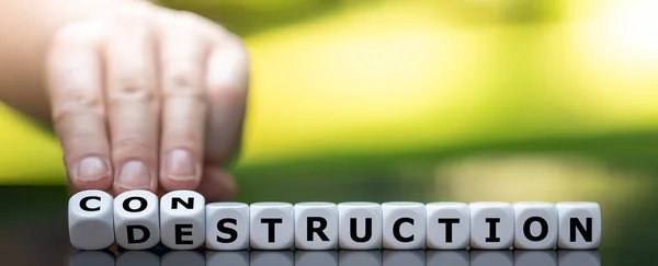 Hand Turns Dice Changes Word Destruction Construction — Stock Photo, Image