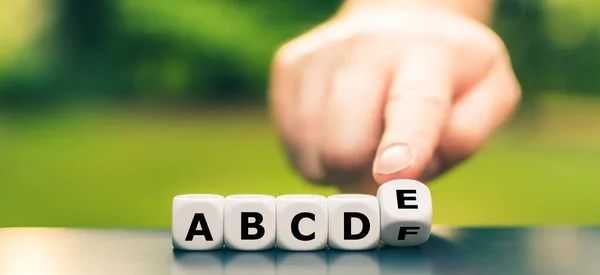 Symbol Basic Teaching Hand Turns Dice Corrects Sequence Letters — Stock Photo, Image