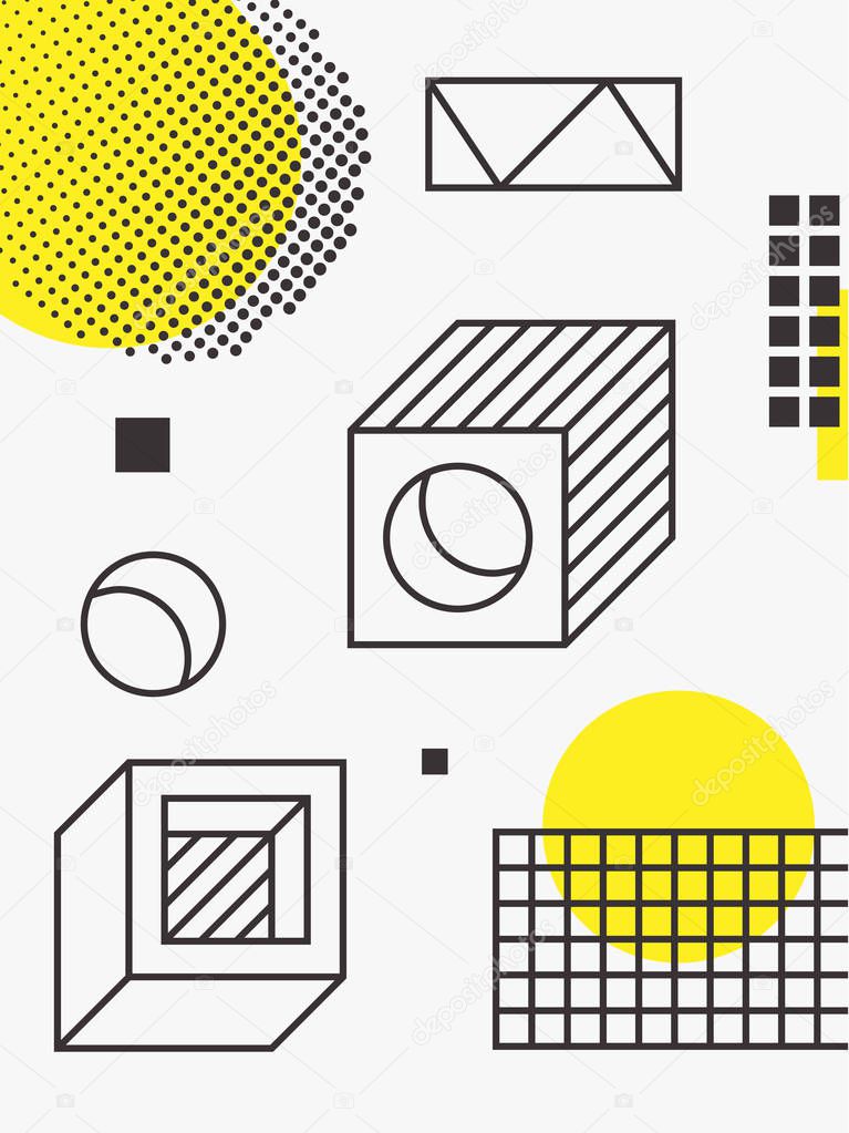 Universal trend poster. Linear geometric shapes set with halftone elements