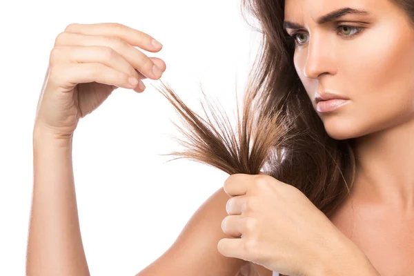 Young Woman Unhappy Split Ends Her Hair — Stock Photo, Image