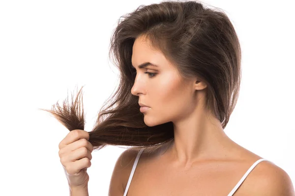 Young Woman Unhappy Split Ends Her Hair — Stock Photo, Image