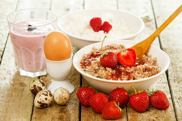 Hälsosam Frukost Cconcept Olika Mat Trä Bordet — Stockfoto