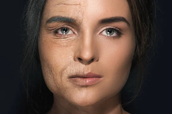 Aging Concept Comparison Young Old Woman Real Result Achieved Work — Stock Photo, Image