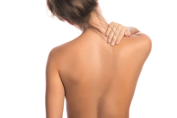Frau Mit Schmerzen Rücken Und Nacken Auf Weißem Hintergrund — Stockfoto
