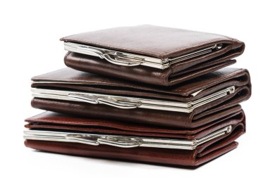 Close up view of different leather wallets isolated on white background clipart