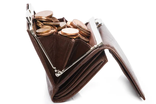 Ledergeldbörse mit Euro-Cent-Münzen auf weißem Hintergrund — Stockbild Ledergeldbörse Mit Euro Cent Münzen Auf Weißem Hintergrund — Stockfoto