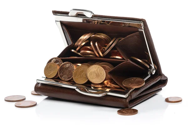 Kožená Peněženka Euro Centů Mince Bílém Pozadí — Stock fotografie