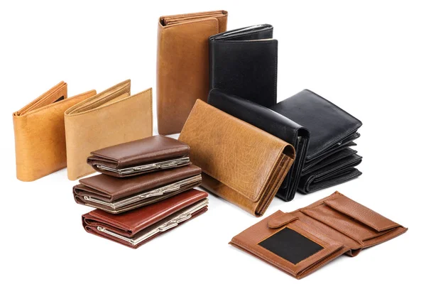 Close View Different Leather Wallets Isolated White Background — Stock Photo, Image