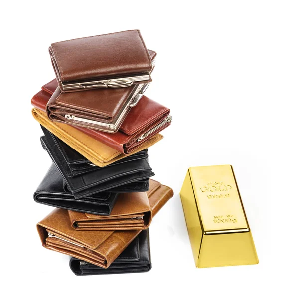 Lot Leather Wallets Gold Bar White Background — Stock Photo, Image