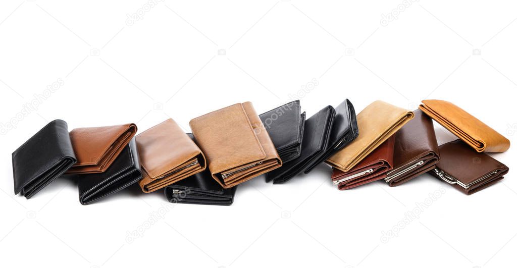 Close up view of different leather wallets isolated on white background