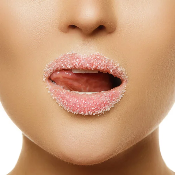 Close View Female Lips Sugar — Stock Photo, Image