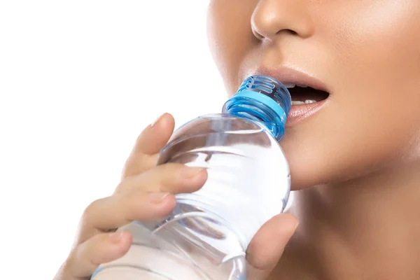 Female Mouth Bottle Water White Background — Stock Photo, Image