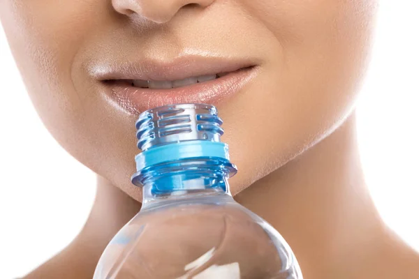 Female Mouth Bottle Water White Background — Stock Photo, Image