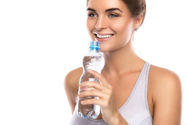 Happy Smiling Woman Bottle Water White Background — Stock Photo, Image