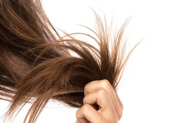 Ženská Ruka Drží Vlasy Izolovaných Bílém Pozadí — Stock fotografie