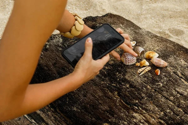 Mujer Está Tomando Fotos Conchas Marinas Playa — Foto de Stock