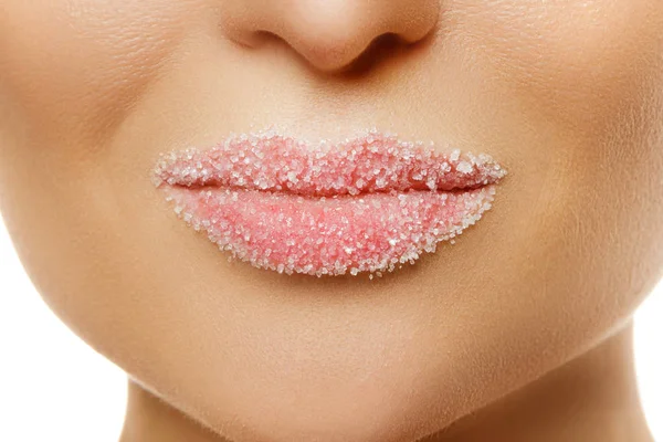 Close View Female Lips Sugar — Stock Photo, Image