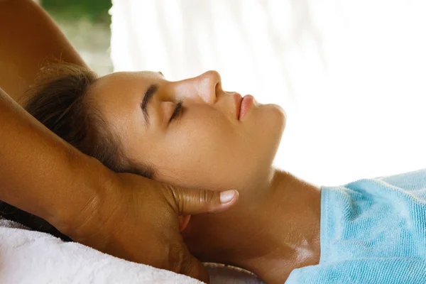 Beautiful Young Woman Neck Massage — Stock Photo, Image