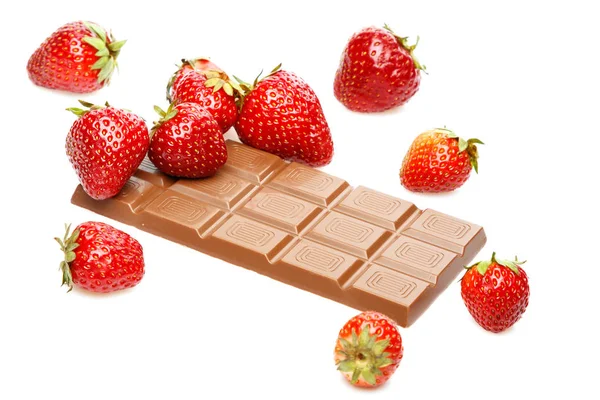 Strawberries Chocolate Bar White Background — Stock Photo, Image