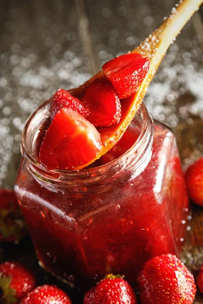 Homemade Strawberry Jam Wooden Table — Stock Photo, Image