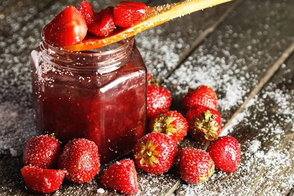 Homemade Strawberry Jam Wooden Table — Stock Photo, Image