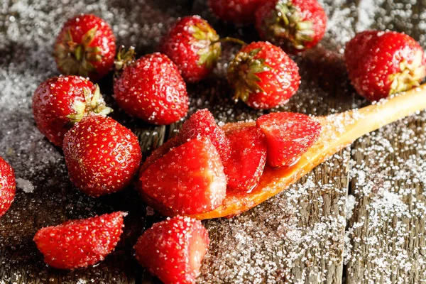 Strawberries Sugar Wooden Spoon Close View — Stock Photo, Image