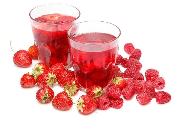 Glasses Drink Strawberries Raspberries White Background — Stock Photo, Image