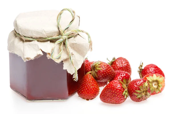 Jar Jam Strawberries White Background — Stock Photo, Image