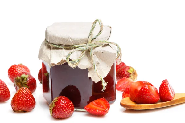 Vasetto Marmellata Fragole Sfondo Bianco — Foto Stock