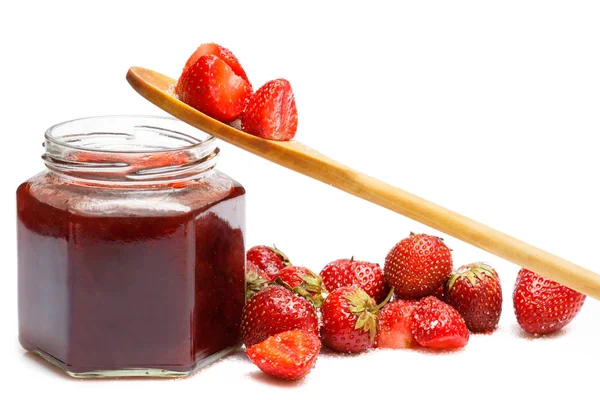 Jar Jam Strawberries White Background — Stock Photo, Image