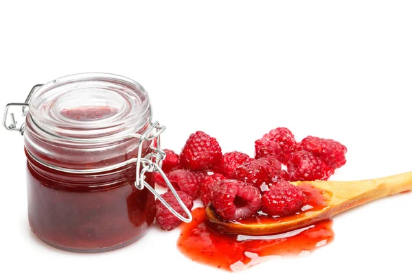 Jar Jam Fresh Raspberries White Background — Stock Photo, Image