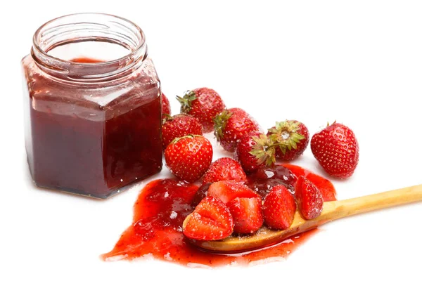 Jar Jam Strawberries White Background — Stock Photo, Image