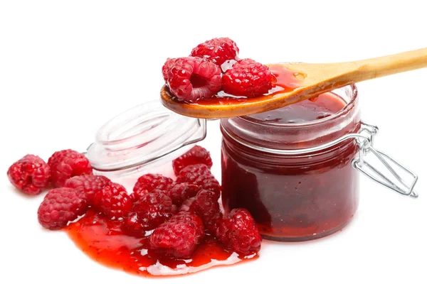 Jar Jam Fresh Raspberries White Background — Stock Photo, Image