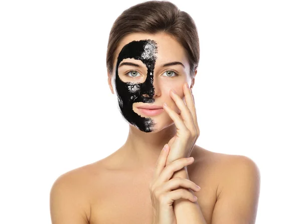 Beautiful Woman Purifying Black Mask Her Face Isolated White Background — Stock Photo, Image