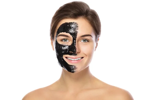 Beautiful Woman Purifying Black Mask Her Face Isolated White Background — Stock Photo, Image