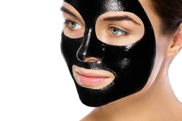 Woman Purifying Black Mask Her Face Isolated White Background — Stock Photo, Image