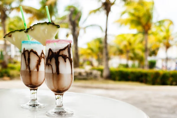 Two Glasses Pina Colada Cocktail Chocolate Syrup — Stock Photo, Image