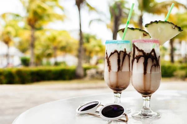 Two Glasses Pina Colada Cocktail Chocolate Syrup — Stock Photo, Image
