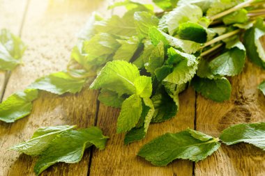 Ahşap masa üzerinde taze yeşil nane demet
