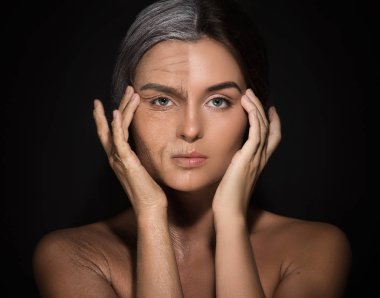 Kavram yaşlanma. Genç ve yaşlı karşılaştırılması. Profesyonel makyaj sanatçısı çalışma ile elde gerçek sonuç. CGI.