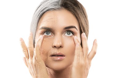 Kavram yaşlanma. Genç ve yaşlı karşılaştırılması. Profesyonel makyaj sanatçısı çalışma ile elde gerçek sonuç. CGI.