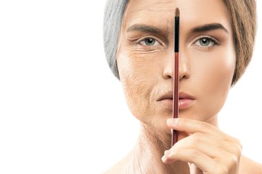 Kavram yaşlanma. Genç ve yaşlı karşılaştırılması. Profesyonel makyaj sanatçısı çalışma ile elde gerçek sonuç. CGI.